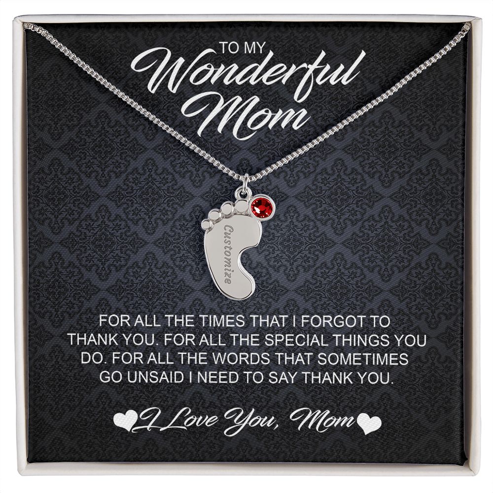 For Mom Engraved Baby Feet Necklace with Birthstones