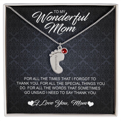 For Mom Engraved Baby Feet Necklace with Birthstones