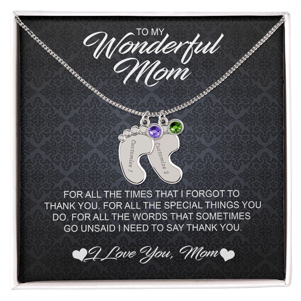 For Mom Engraved Baby Feet Necklace with Birthstones