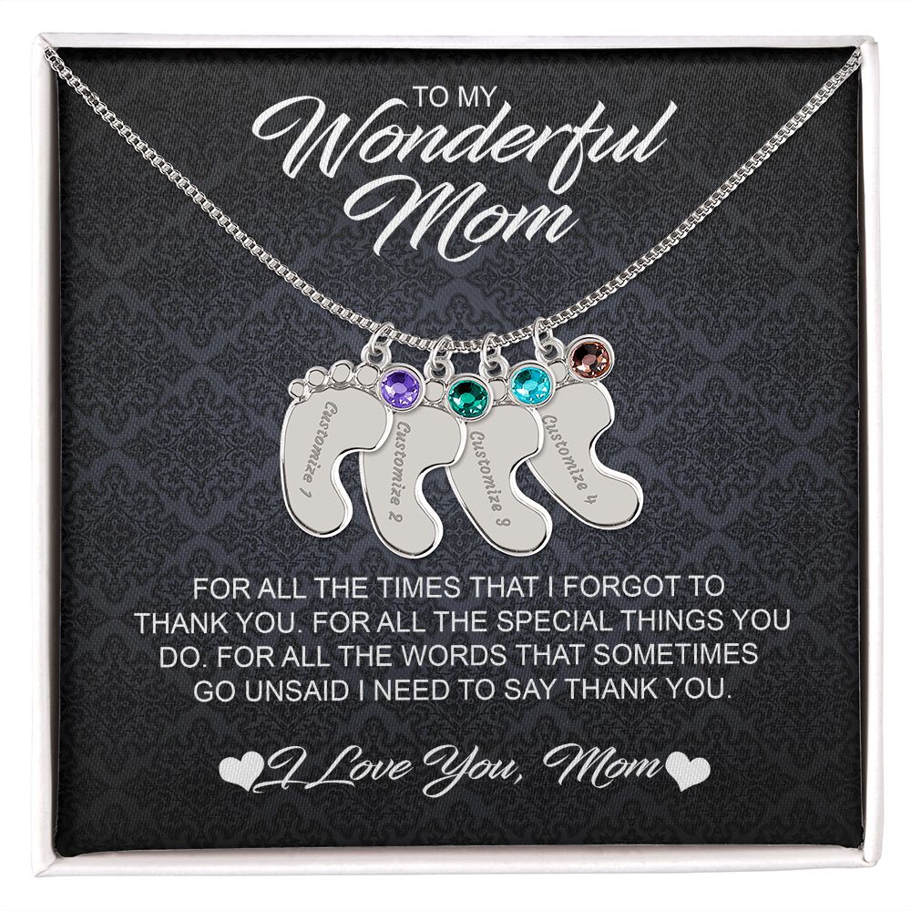 For Mom Engraved Baby Feet Necklace with Birthstones