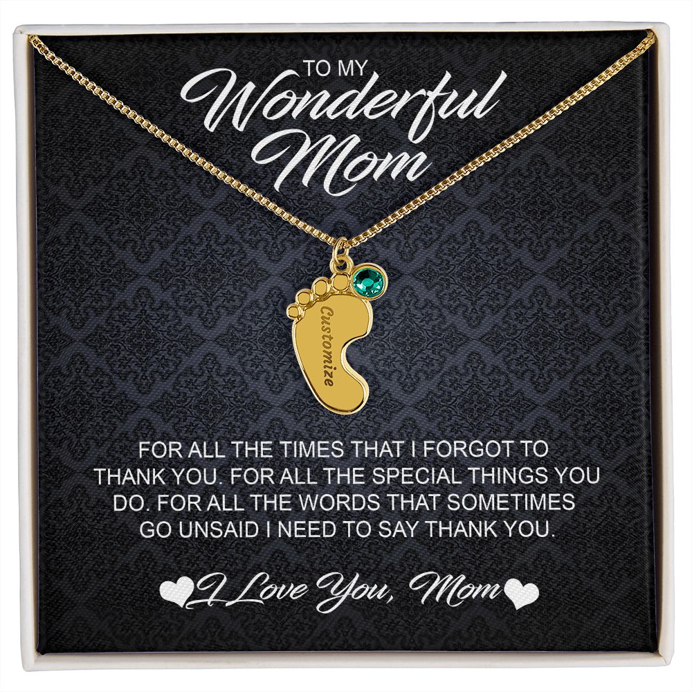 For Mom Engraved Baby Feet Necklace with Birthstones