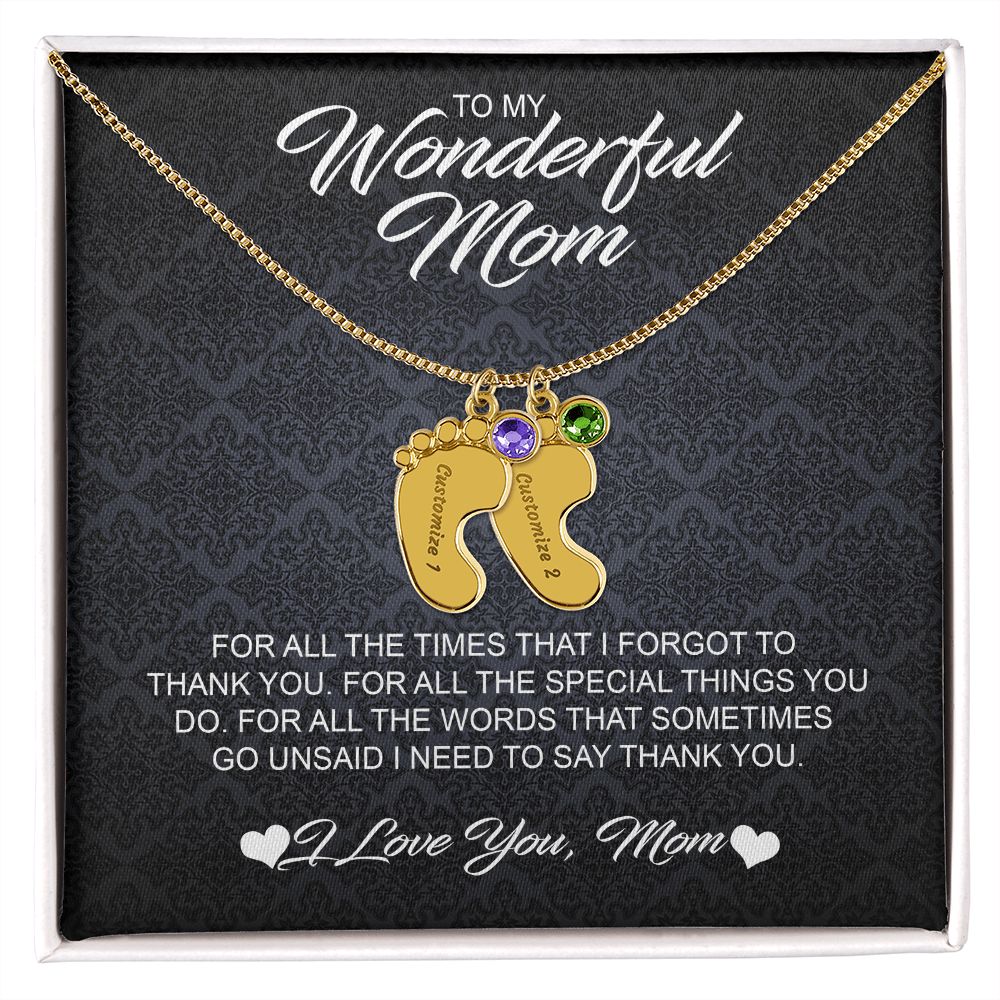 For Mom Engraved Baby Feet Necklace with Birthstones