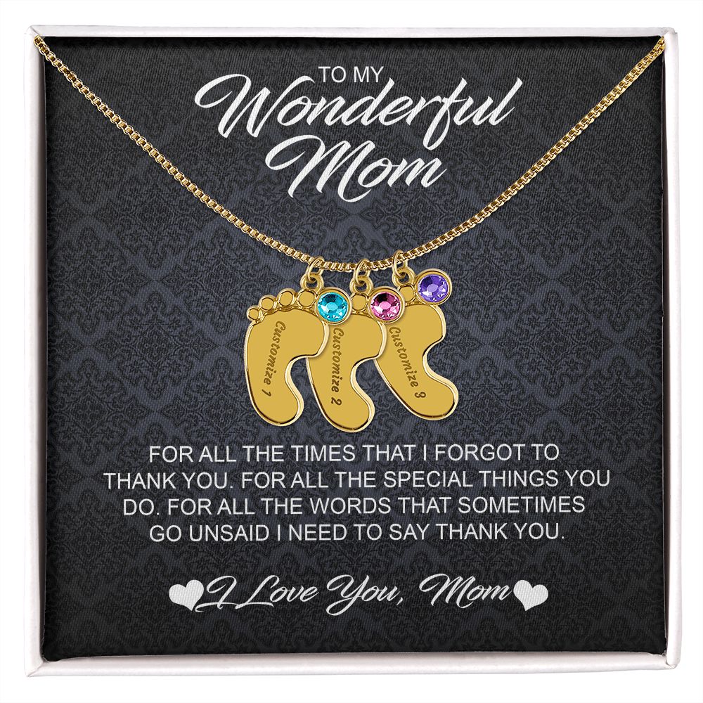 For Mom Engraved Baby Feet Necklace with Birthstones