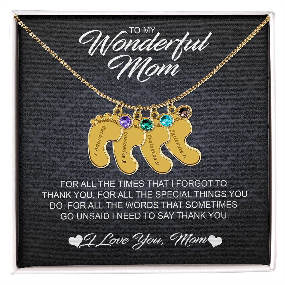 For Mom Engraved Baby Feet Necklace with Birthstones
