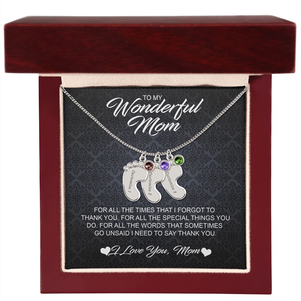 For Mom Engraved Baby Feet Necklace with Birthstones
