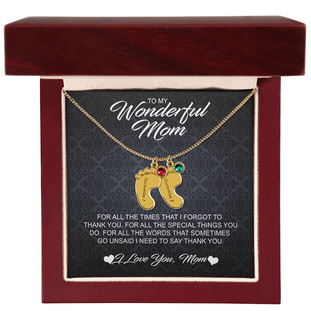 For Mom Engraved Baby Feet Necklace with Birthstones